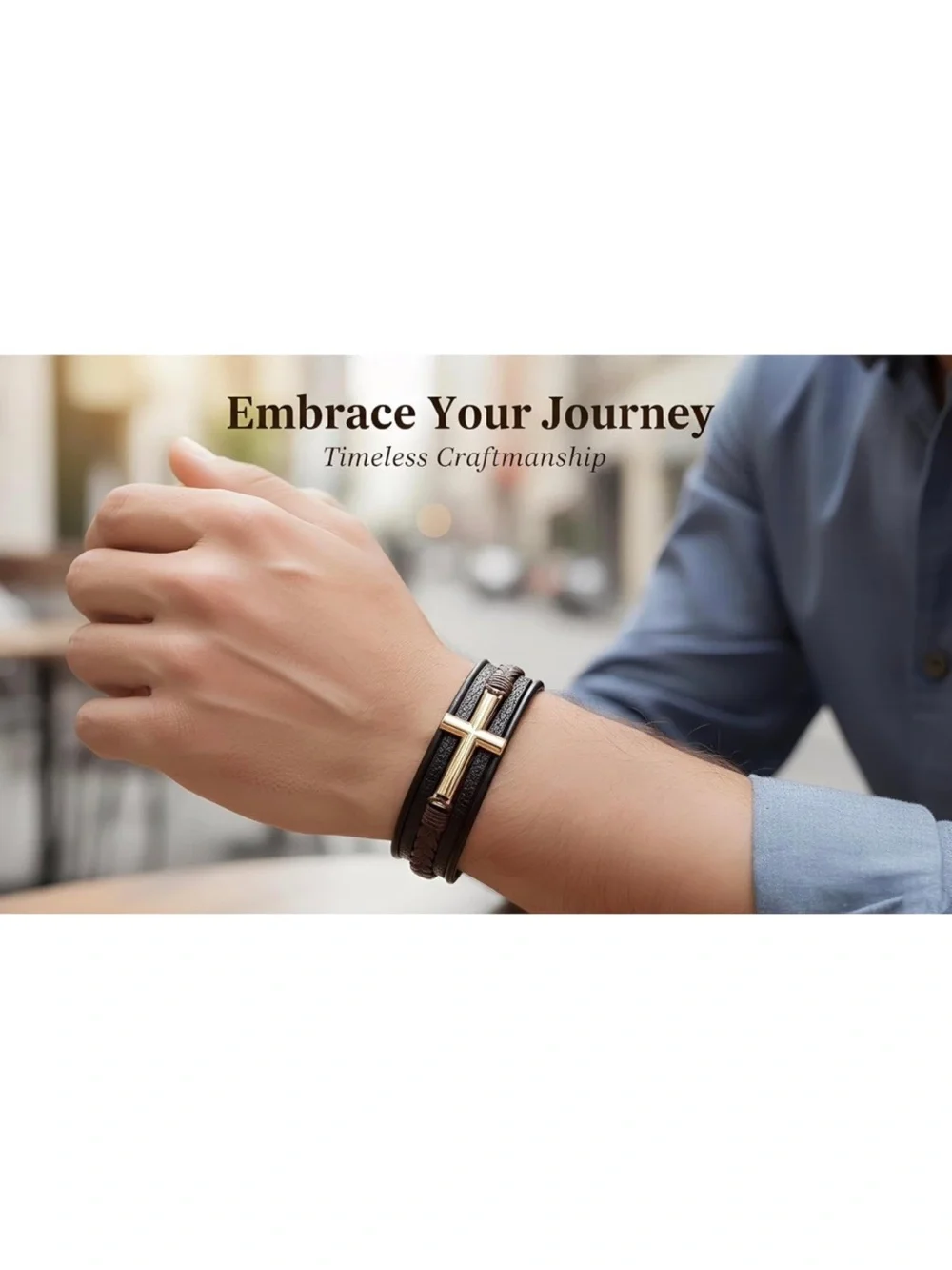 Leather Hand Woven Bracelet Men’s Brown Gold Cross Design Multi Layer BT6